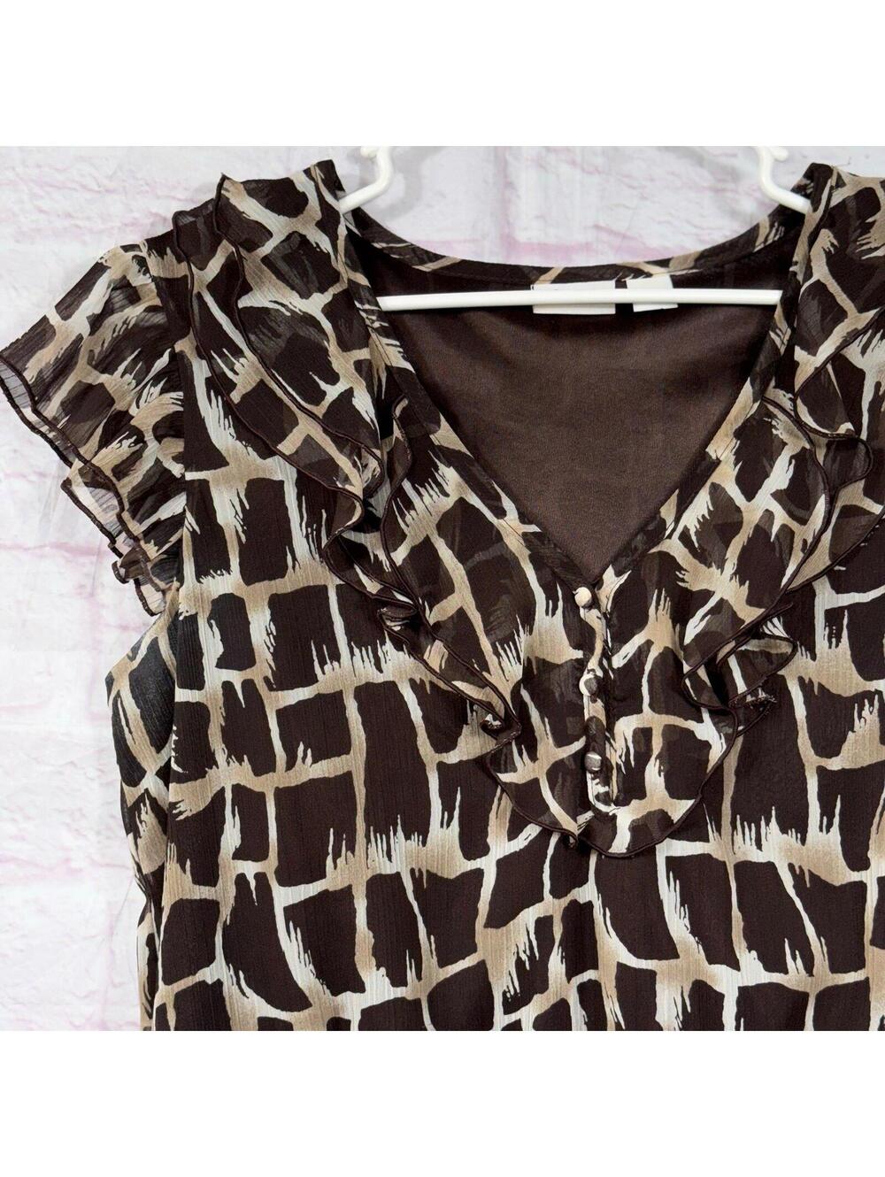 Cato Women’s Brown Abstract Print Ruffle Sleeveless Blouse Size Small - Picture 2 of 9